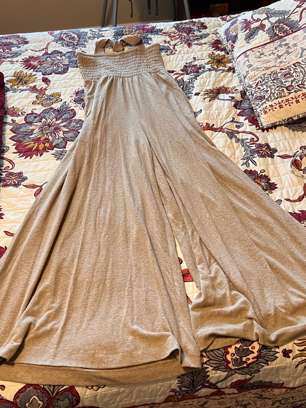 Free People Taupe Wide-Leg Jumpsuit with Smocked Waist